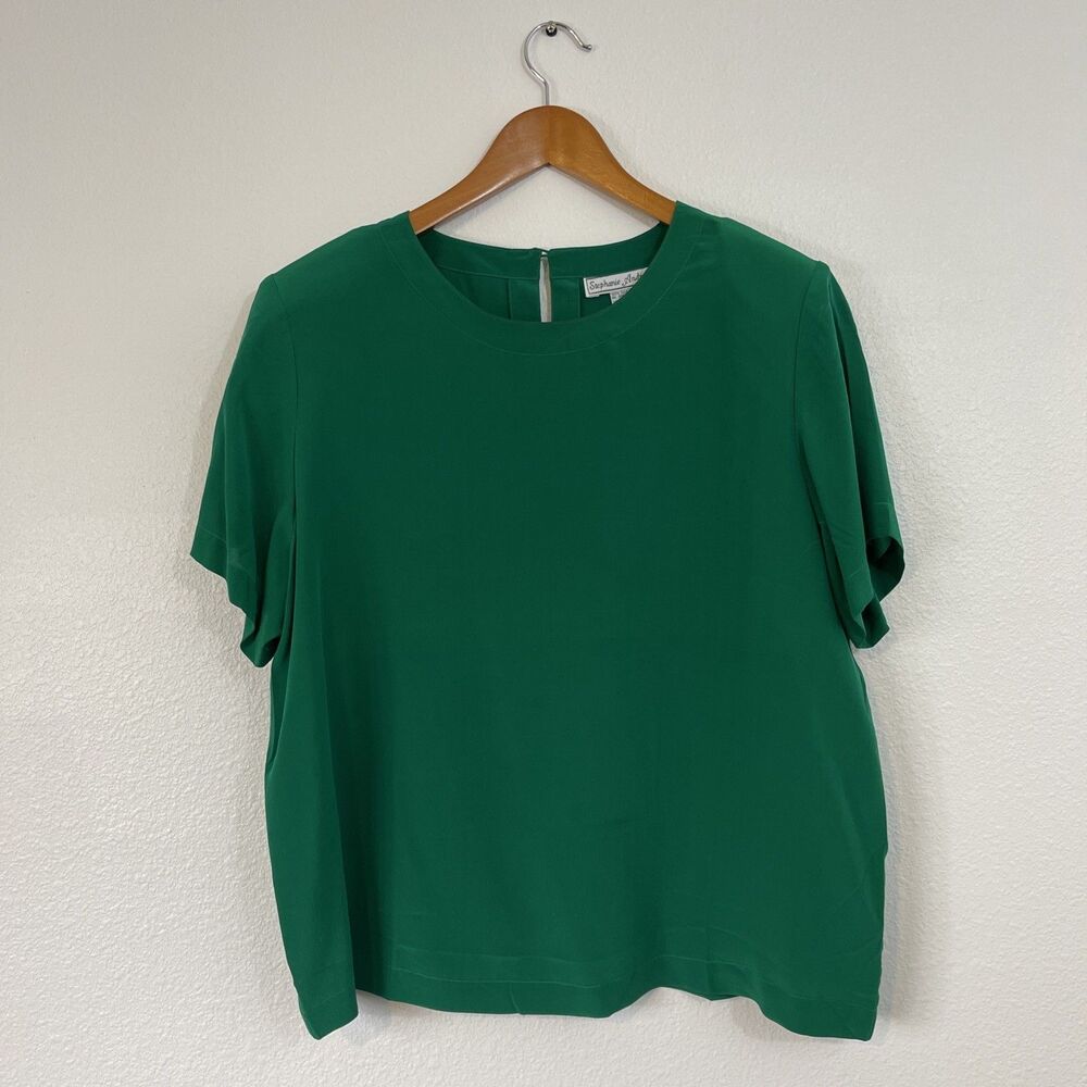 Stephanie Andrews Womens 100% Silk Green Short Sleeve Blouse XL Elegant